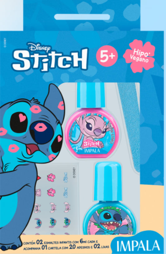 Kit 2 Esmaltes com 2 Lixas de Unhas e Adesivos de Unhas Infantil Impala Disney Stitch